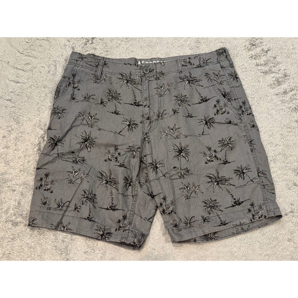 Aeropostale Mens Grey Palm Tree Print Linen Blend Shorts Size 34 Tropical Summer